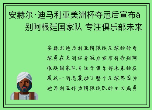 安赫尔·迪马利亚美洲杯夺冠后宣布告别阿根廷国家队 专注俱乐部未来